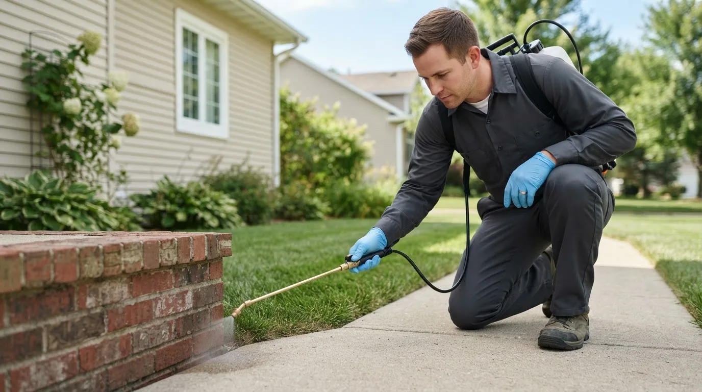 Pest control technician treating a home near Beverly, WV